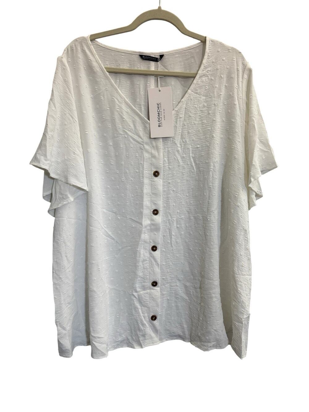 NWT Bloomchic Plus Size 22-24 Button V Neck Blouse Top Swiss Dot White #6945